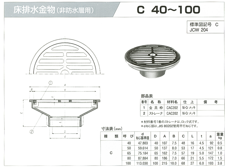 床排水金物（非防水層用） C 40・50・65・80・100