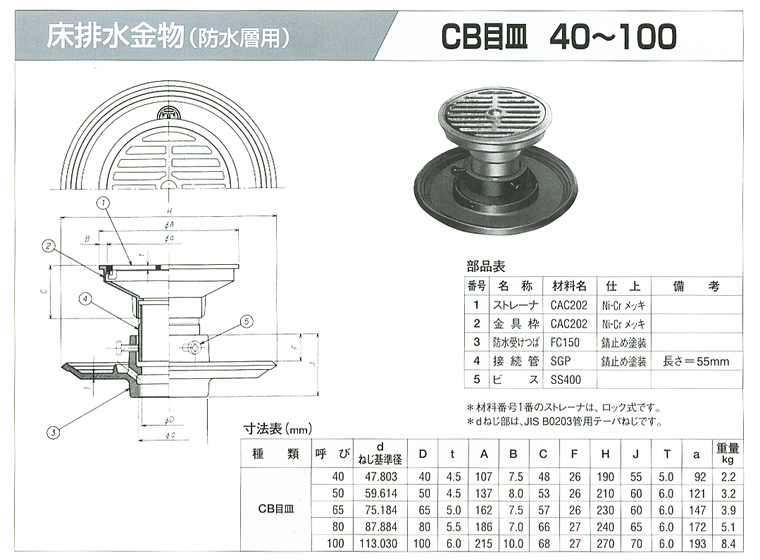 床排水金物（防水層用） CB目皿 40・50・65・80・100