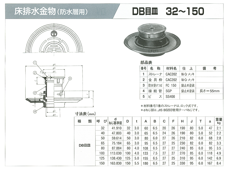 床排水金物（防水層用） DB目皿 32・40・50・65・80・100・125・150