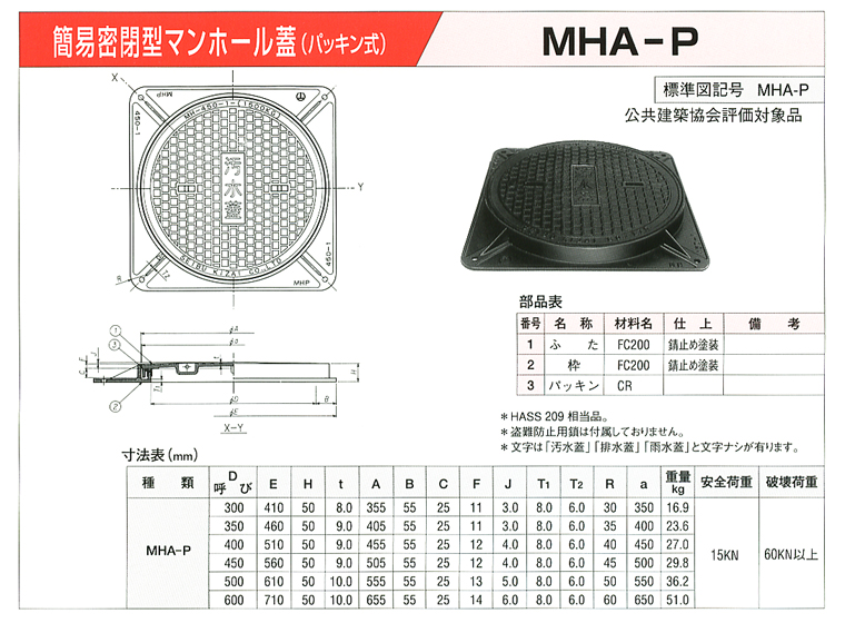 簡易密閉型マンホール蓋（パッキン式） MHA-P