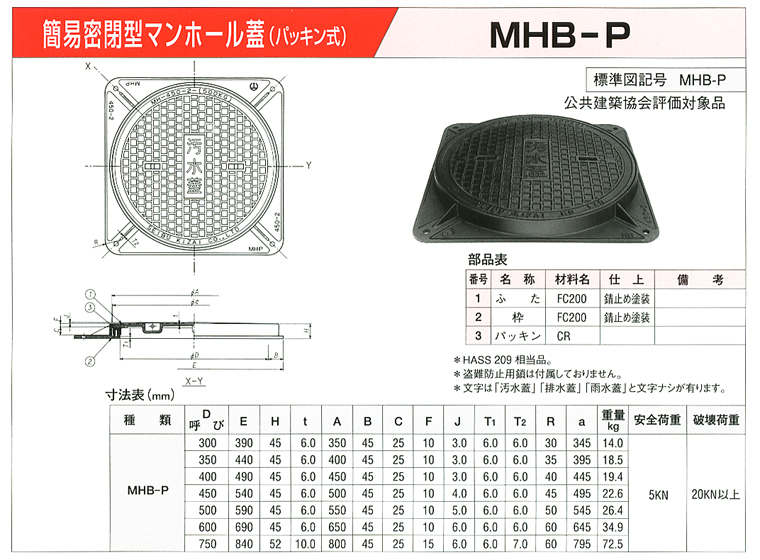 簡易密閉型マンホール蓋（パッキン式） MHB-P