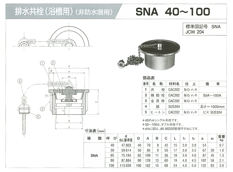 排水共栓（浴槽用）（非防水層用） SNA 40・50・65・80・100